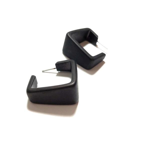 Wide Cubist Frosted Lucite Hoop Black Earrings - Picture 5 of 7